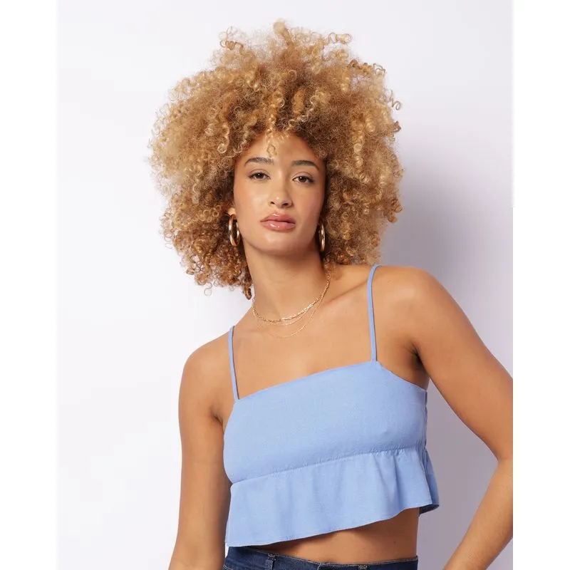 Regata Feminina Cropped Viscolinho Com Babado Azul P