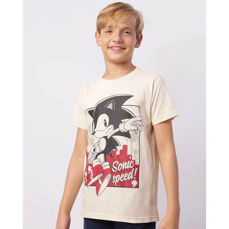 Camiseta Juvenil Sonic Manga Curta Bege 14