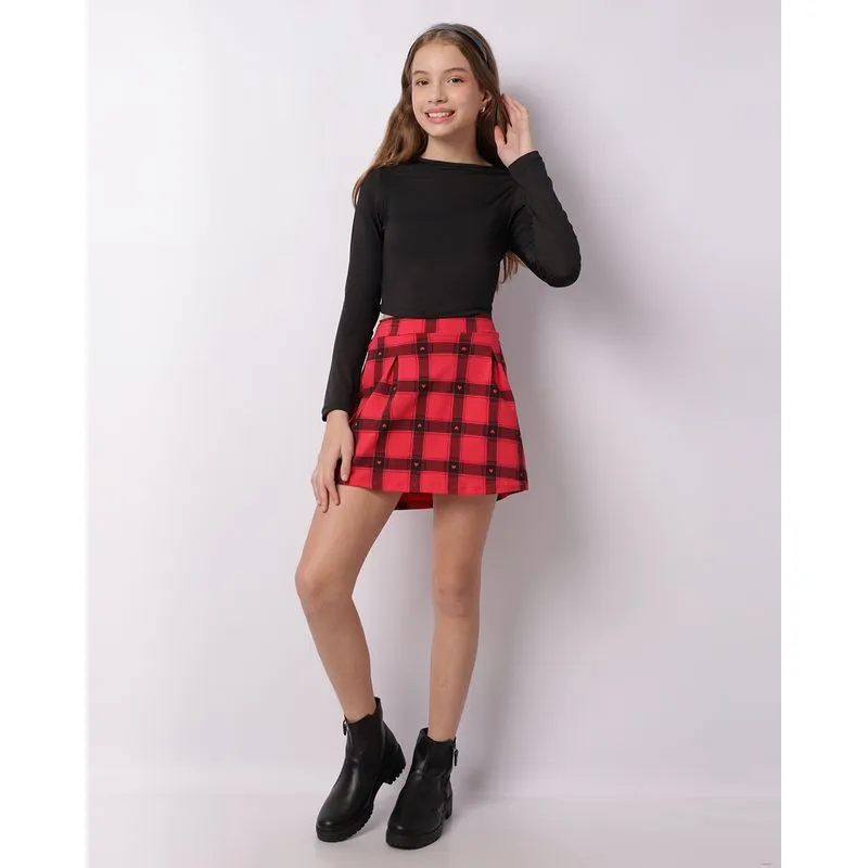 Saia Juvenil Curta Estampada Xadrez Vermelha 10