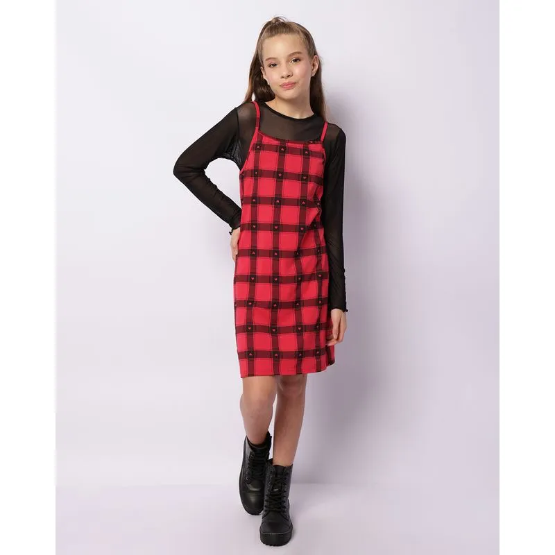 Vestido Juvenil Alcinha Sobreposição Tule Com Estampa Xadrez Vermelho 14