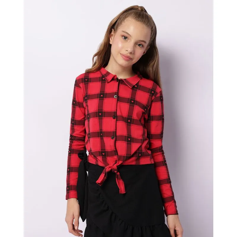 Blusa Juvenil Estampada Xadrez Com Amarração Manga Longa Vermelha 14