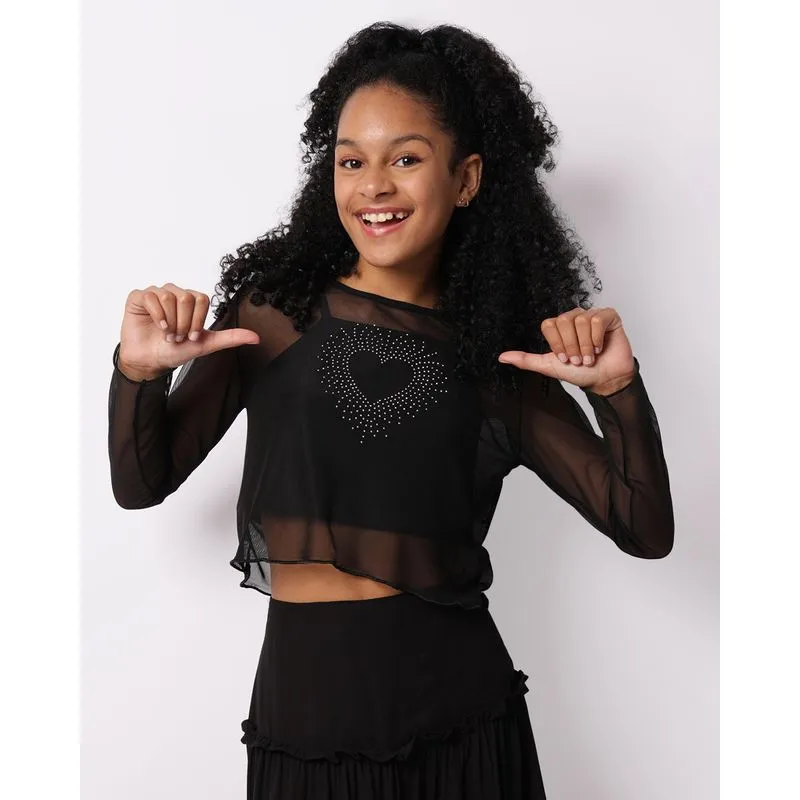 Blusa Juvenil Cropped Manga Longa Sobreposição Tule Com Strass Preta 14
