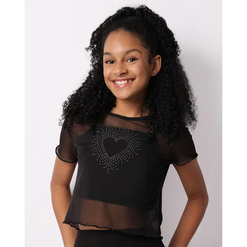 Blusa Juvenil Cropped Sobreposição Tule Com Strass Preto 10
