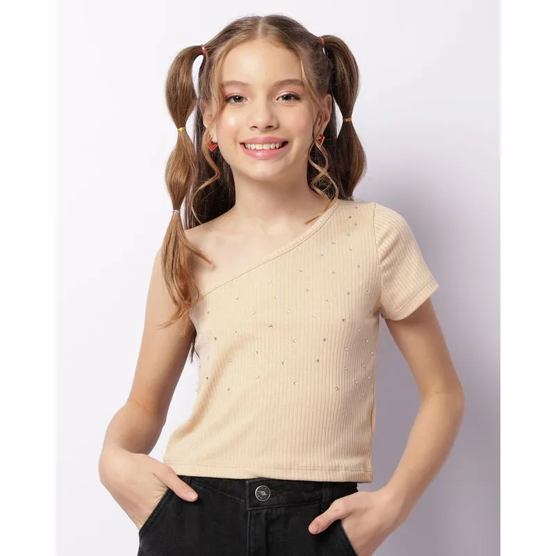 Blusa Cropped Juvenil Canelada Um Ombro Só Com Aplicação Strass Bege 12