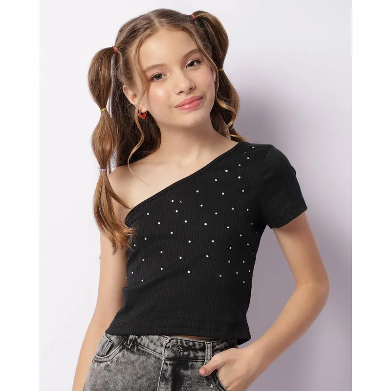 Blusa Cropped Juvenil Canelada Um Ombro Só Com Aplicação Strass Preta 10