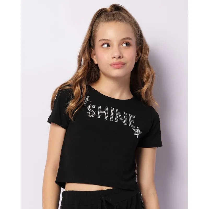 Blusa Juvenil Cropped Aplicação Strass Manga Curta Preta 14
