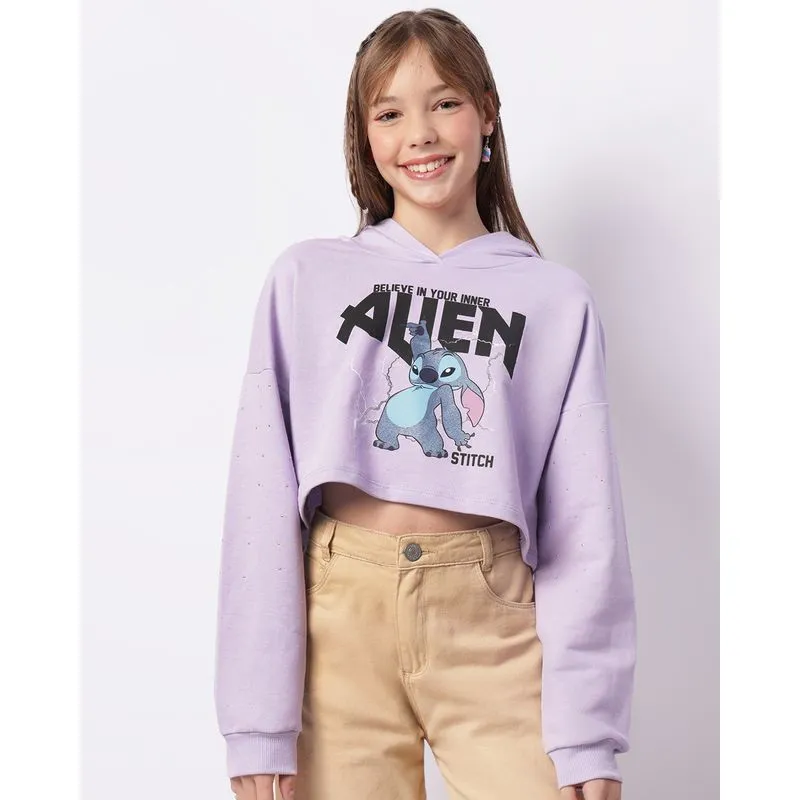 Blusão Juvenil Moletinho Disney Stitch Cropped Com Capuz Lilás 18