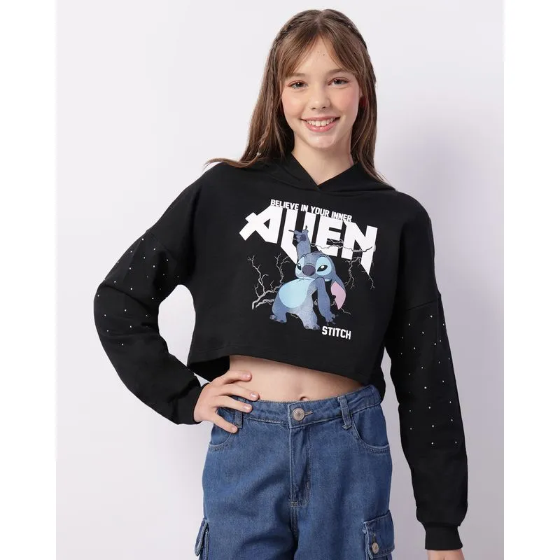 Blusão Juvenil Moletinho Disney Stitch Cropped Com Capuz Preta 14