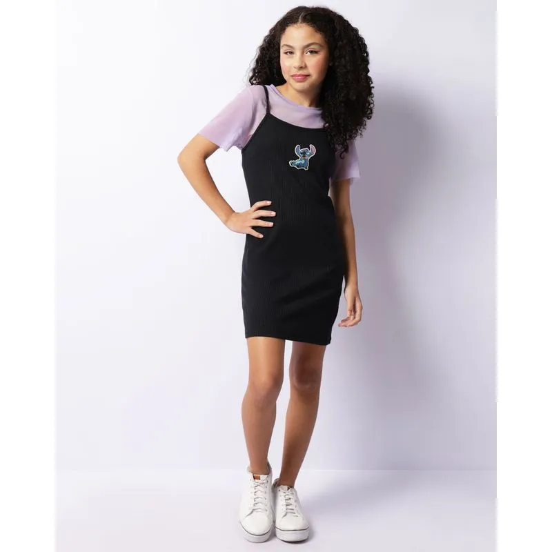 Vestido Juvenil Disney Stitch Curto Com Sobreposição Tule Preto 12