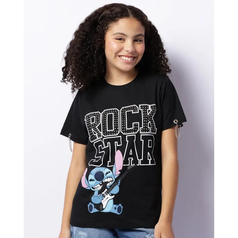 Camiseta Juvenil Disney Stitch com Aplicação Manga Curta Preta 14