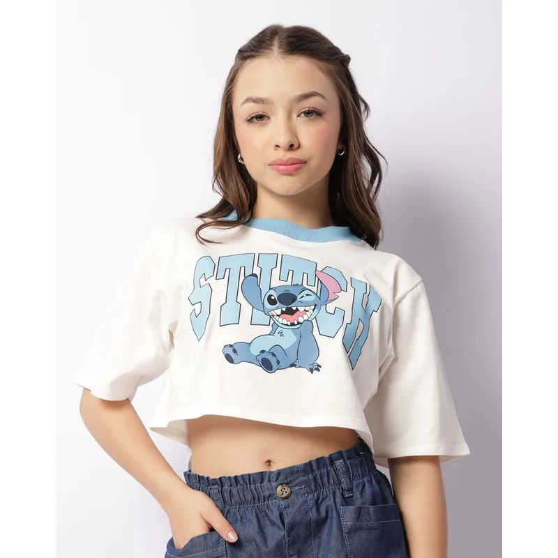 Camiseta Juvenil Cropped Disney Stitch Manga Curta Branca 12