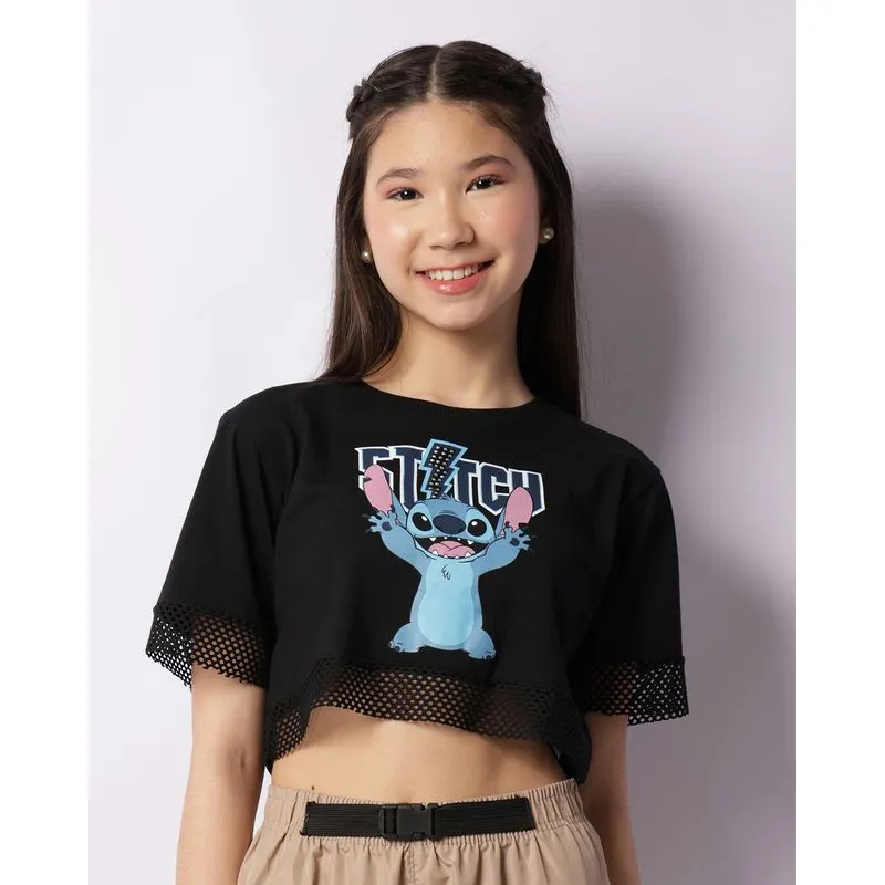 Blusa Juvenil Cropped Manga Curta Disney Stitch Preta 10