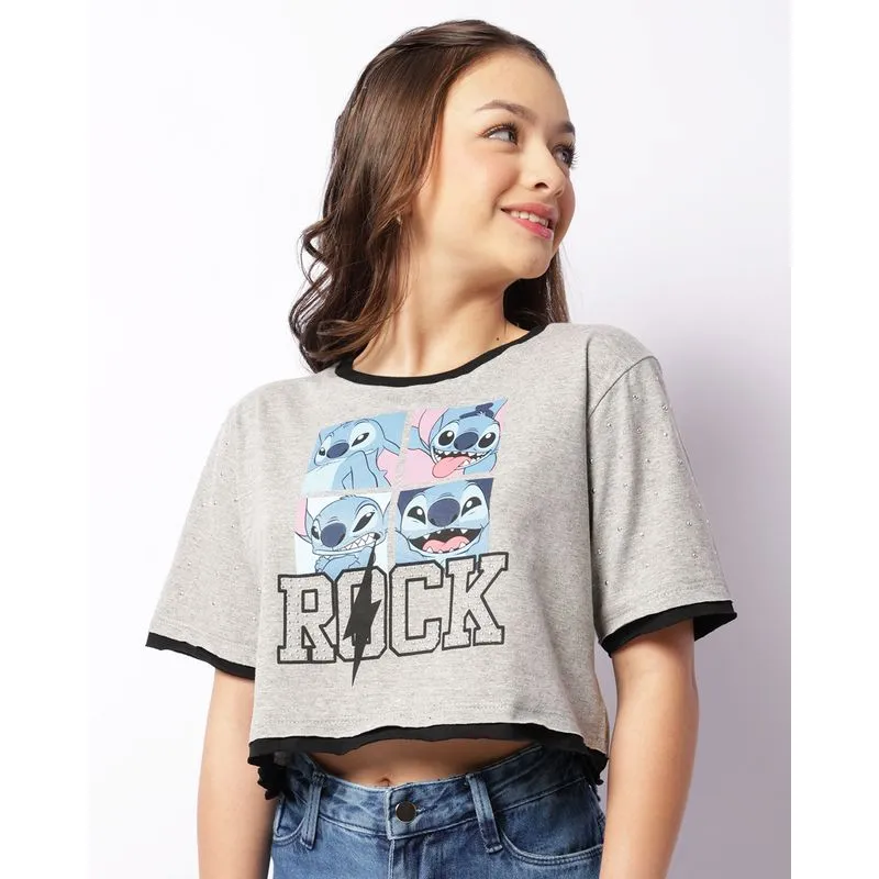 Camiseta Juvenil Cropped Disney Stitch Com Aplicação Strass Cinza 10