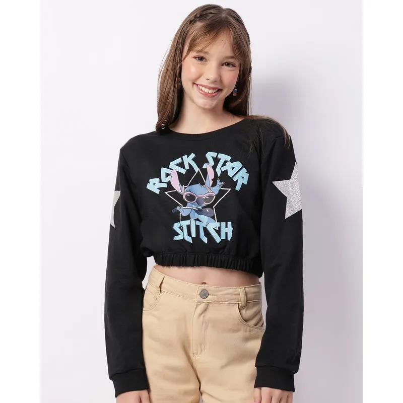 Blusão Juvenil Moletinho Disney Stitch Cropped Preto 16