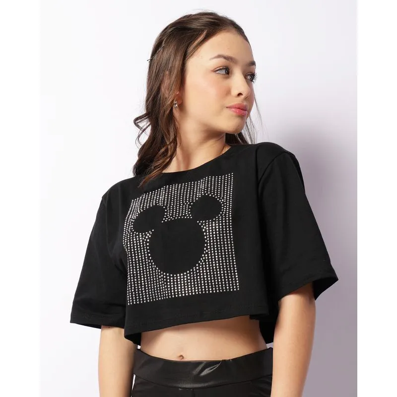 Camiseta Juvenil Cropped Disney Mickey Manga Curta Preta 10