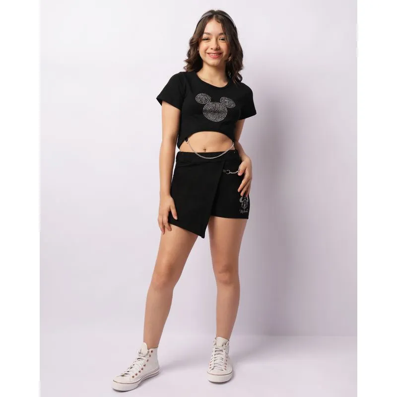 Short Saia Juvenil Moletinho Com Corrente Coração Minnie Preta 10