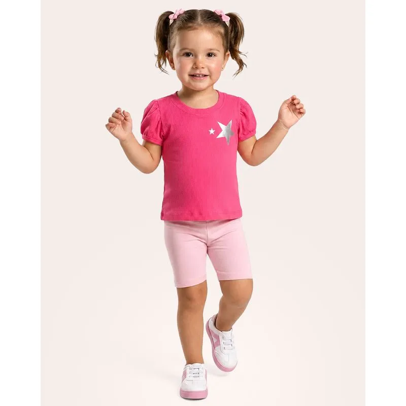 Blusa Bebê Manga Curta Canelada Com Aplicação Rosa 1
