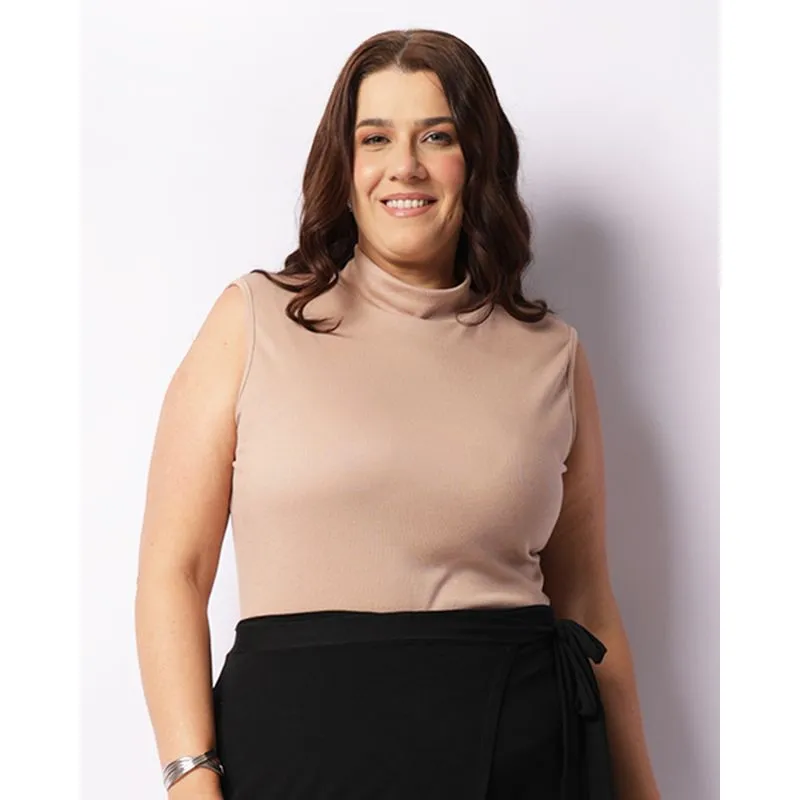 Regata Plus Size Feminina Canelada Gola Alta Bege G2
