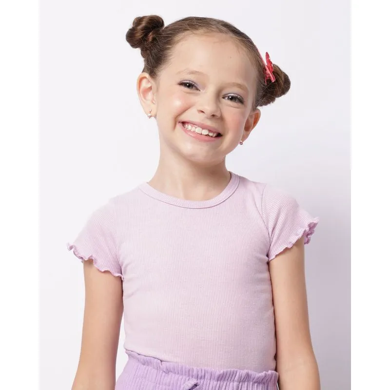Blusa Infantil Manga Curta Canelada Frufru Lilás 8