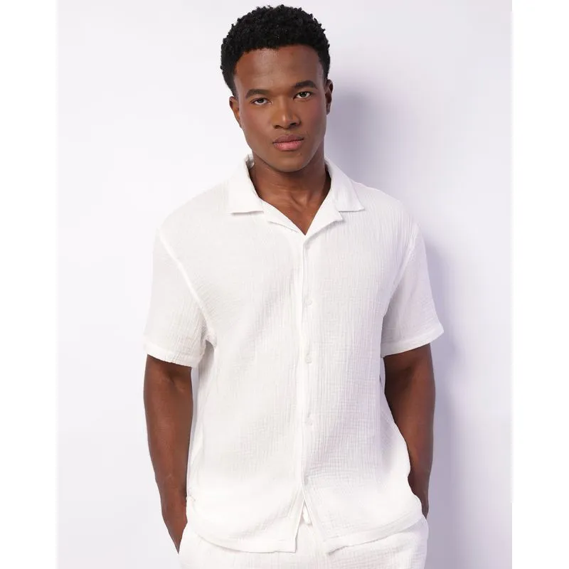 Camisa Masculina Manga Curta Gola Cubana Algodão Texturizado Off White XGG