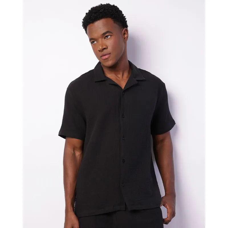 Camisa Masculina Manga Curta Gola Cubana Algodão Texturizado Preta M