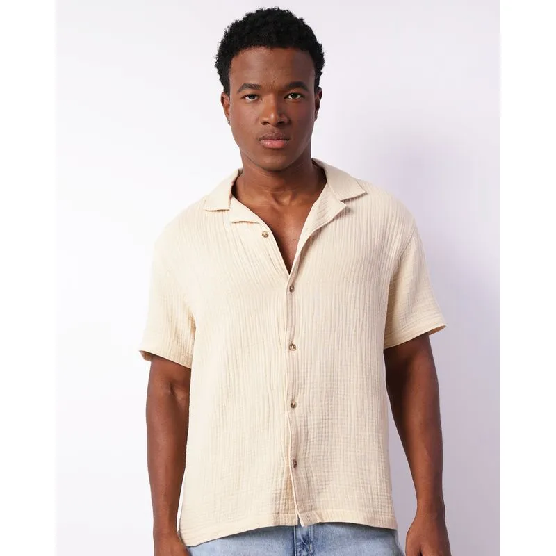 Camisa Masculina Manga Curta Texturizada Com Botões Bege M