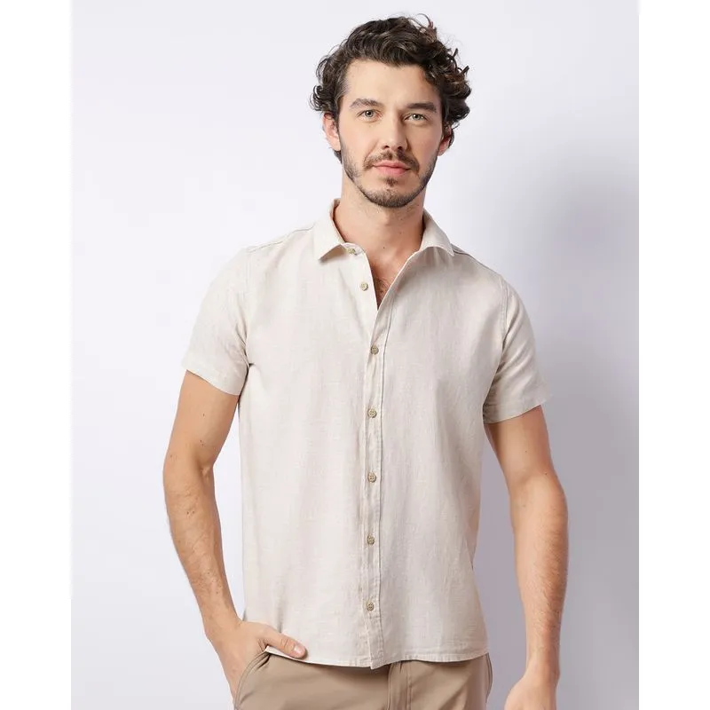 Camisa Masculina Linho Manga Curta Com Botões Off White GG