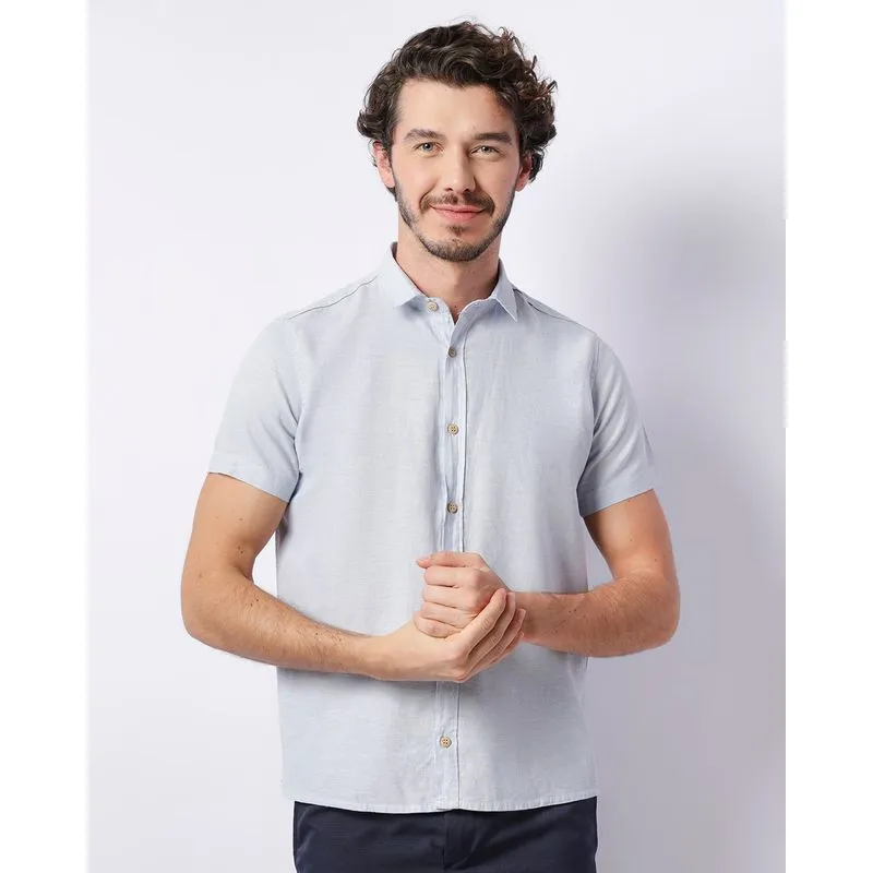 Camisa Masculina Linho Manga Curta Com Botões Azul M