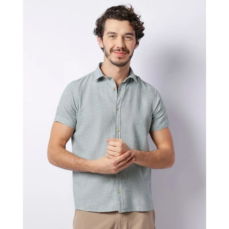 Camisa Masculina Linho Manga Curta Com Botões Verde P