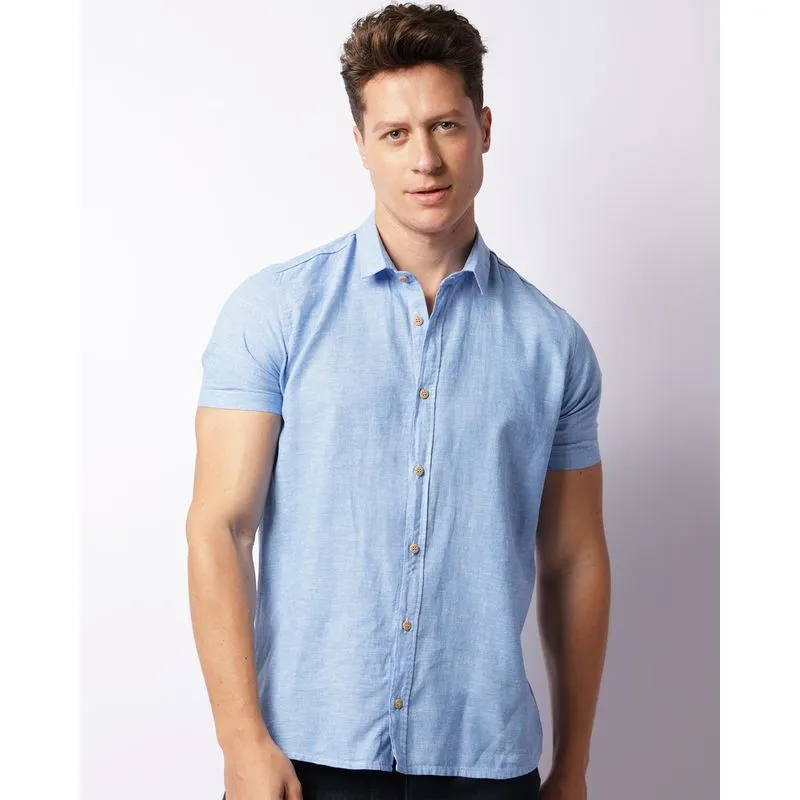 Camisa Masculina Linho Manga Curta Azul P