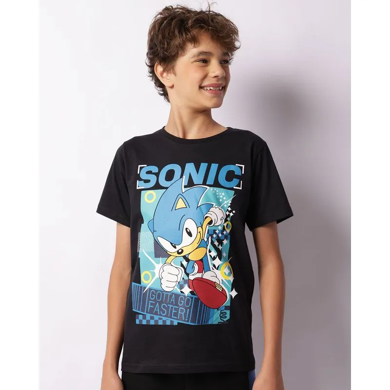 Camiseta Juvenil Estampa Sonic Manga Curta Preta 14