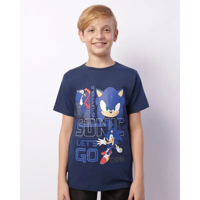 Camiseta Juvenil Estampa Sonic Manga Curta Marinho 16