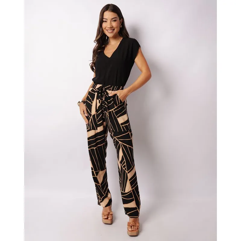 Calça Feminina Reta Viscose Estampada Preta P
