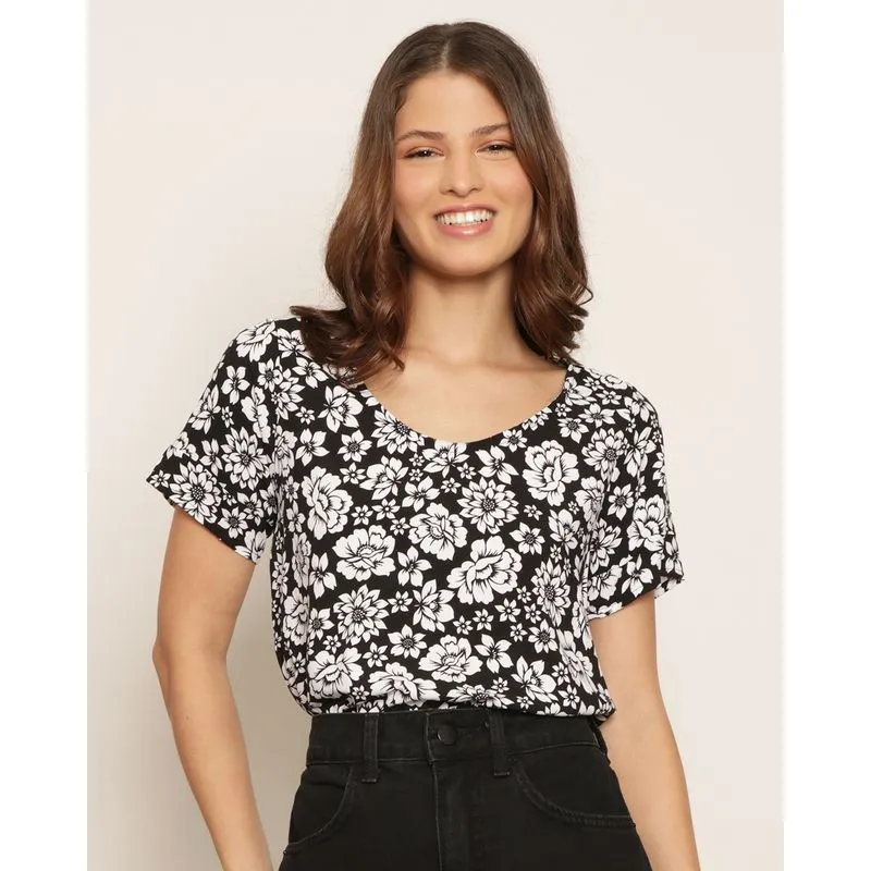 Blusa Feminina Manga Curta Estampada Floral Preta P