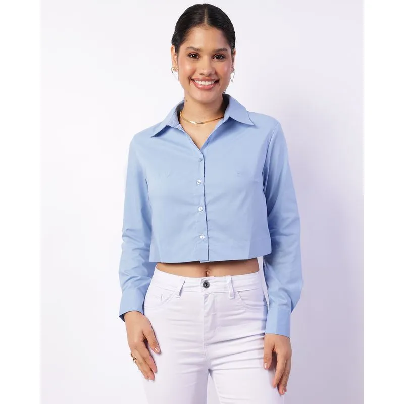 Camisa Feminina Cropped Manga Longa Bolso Elástico Azul M