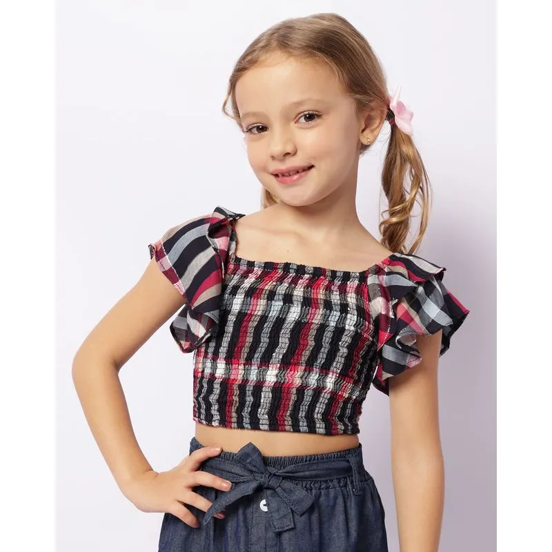 Blusa Infantil Cropped Lastex Estampa Xadrez Marinho 8