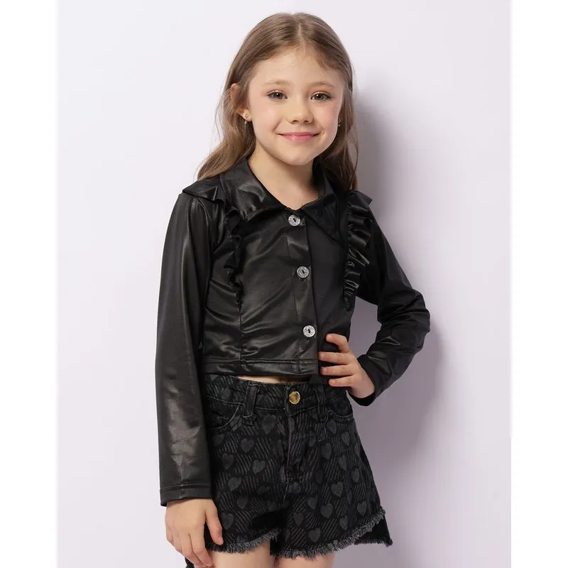 Blusa Infantil Cropped Cirrê Manga Longa Com Babado Preta 4