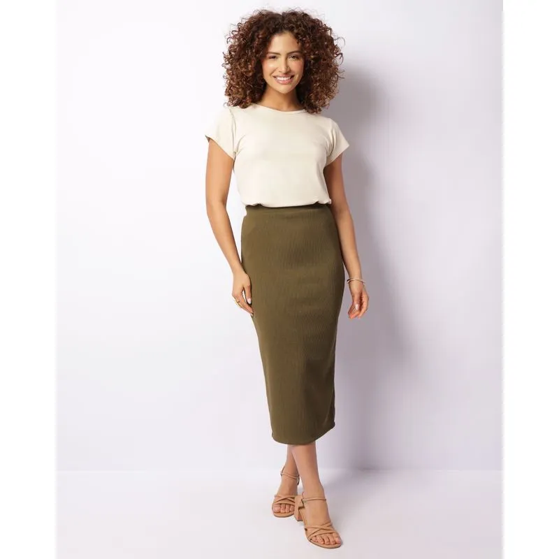 Saia Feminina Berry & Co. Midi Canelada Verde G