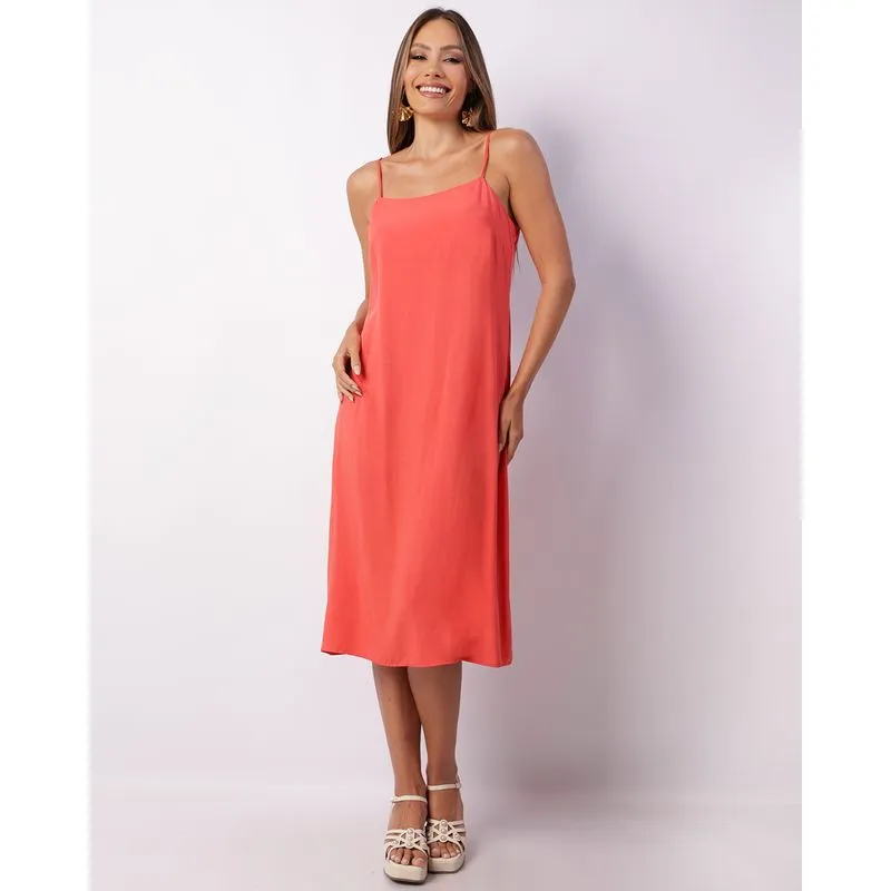 Vestido Feminino Viscose Midi Berry & Co. com Fenda Coral M