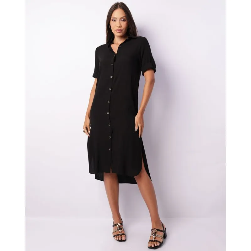 Vestido Chemise Feminino Midi Berry & Co. Manga 3/4 Preto M