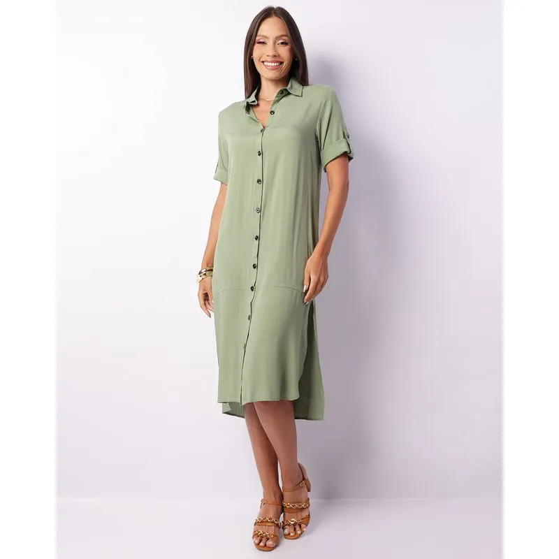 Vestido Chemise Feminino Midi Berry & Co. Manga 3/4 Verde G