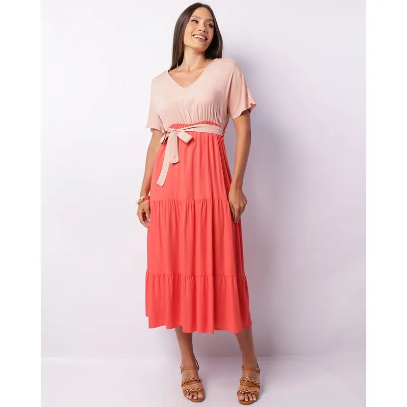 Vestido Feminino Midi Berry & Co. Bicolor Decote V Rosa P