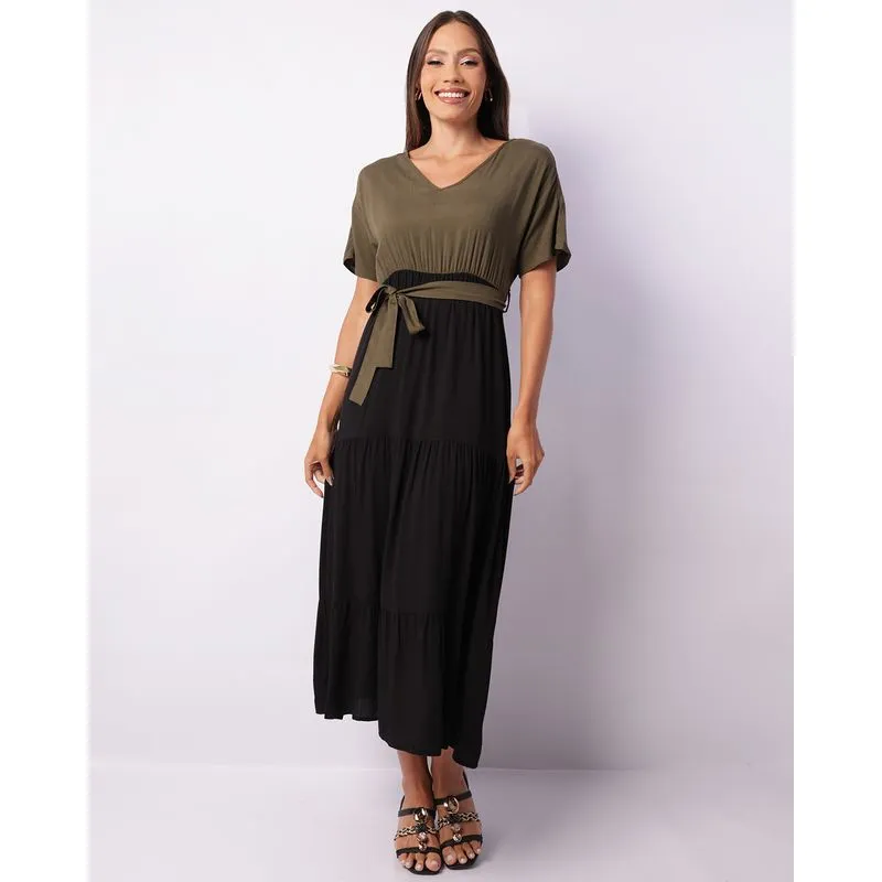 Vestido Feminino Midi Berry & Co. Bicolor Decote V Verde GG