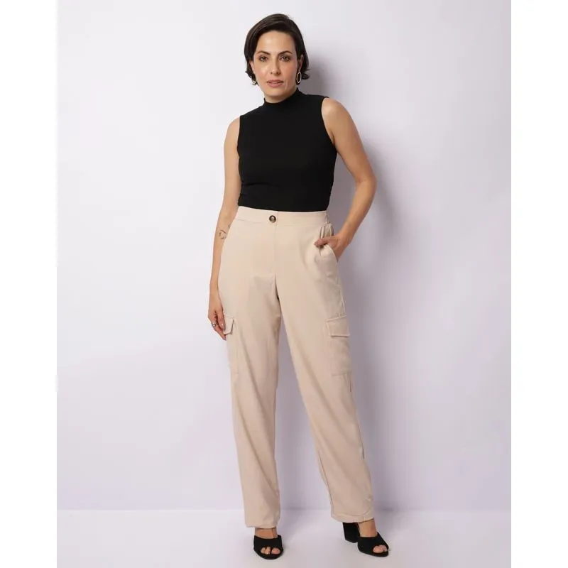 Calça Feminina Reta Bolso Cargo Bege Claro GG