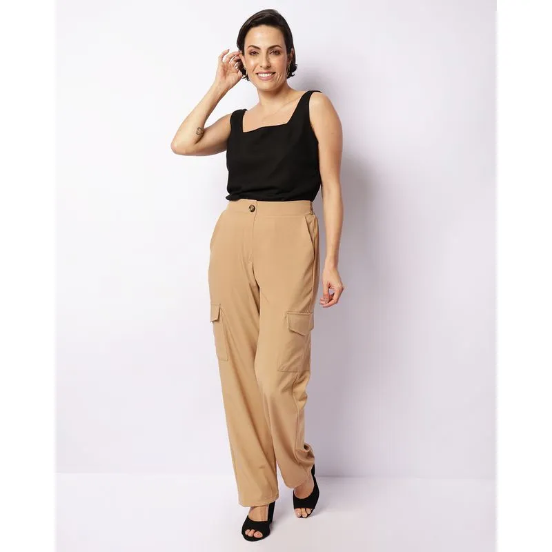 Calça Feminina Berry & Co. Reta Bolso Cargo Bege M