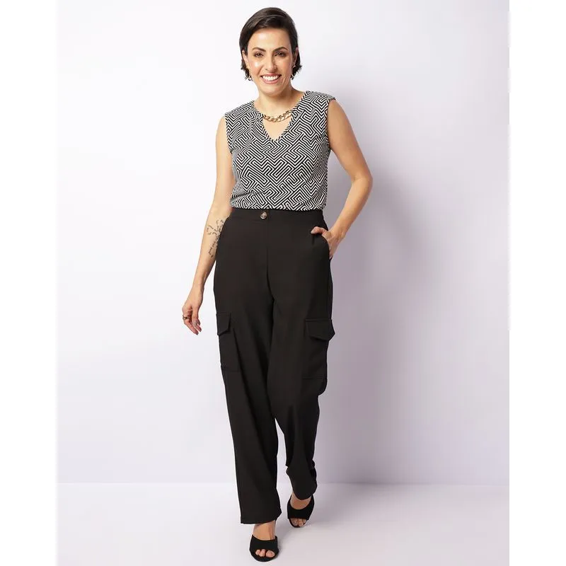 Calça Feminina Reta Bolso Cargo Preta P
