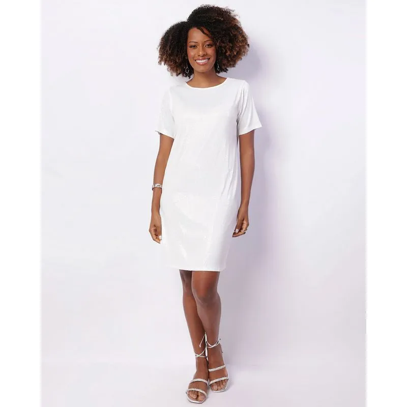 Vestido Feminino Berry & Co. Manga Curta Paetê Branco M