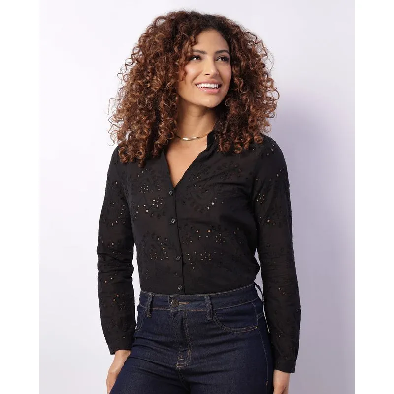 Camisa Feminina Berry & Co. Manga Longa Laise Preta G