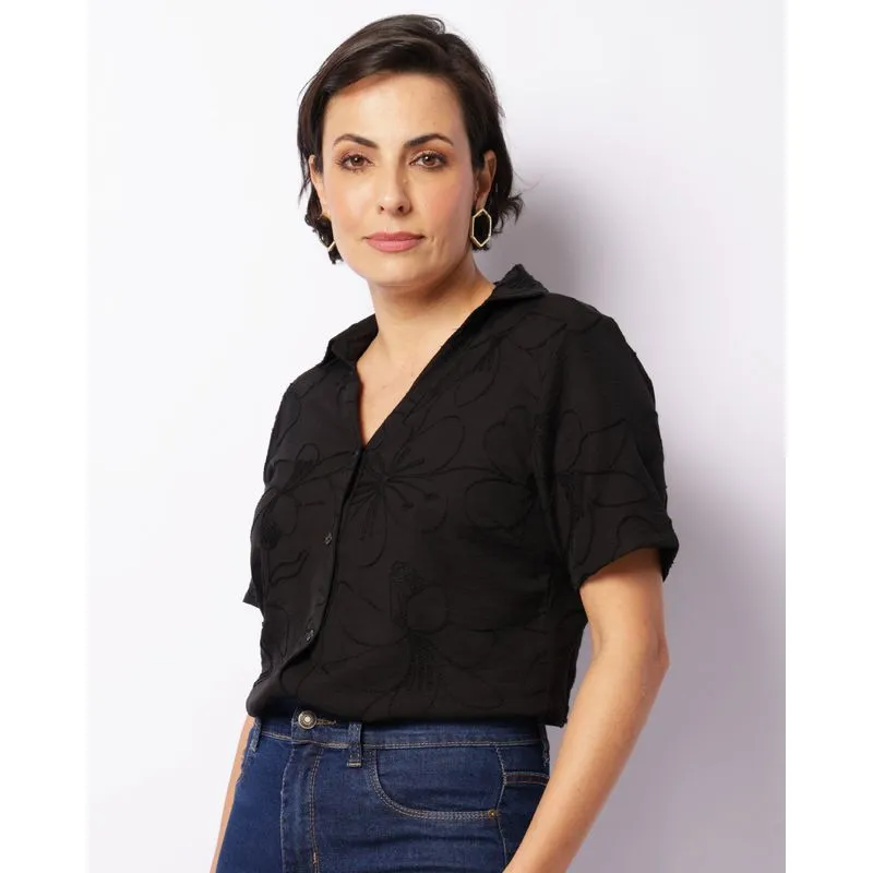 Camisa Feminina Manga Curta Bordada Preta P