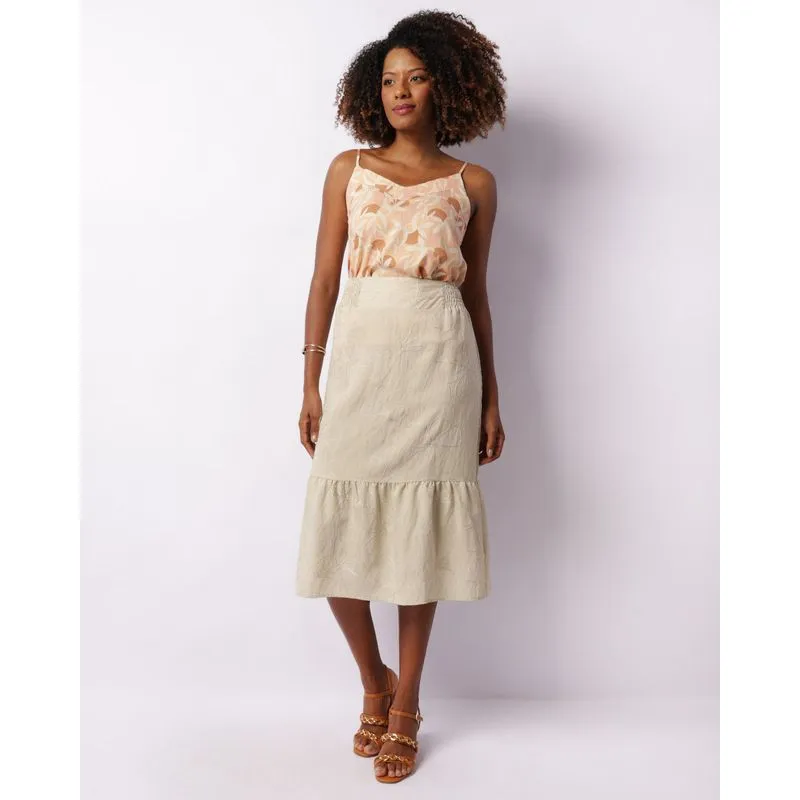 Saia Feminina Midi Berry & Co. Viscose Bordada Bege P